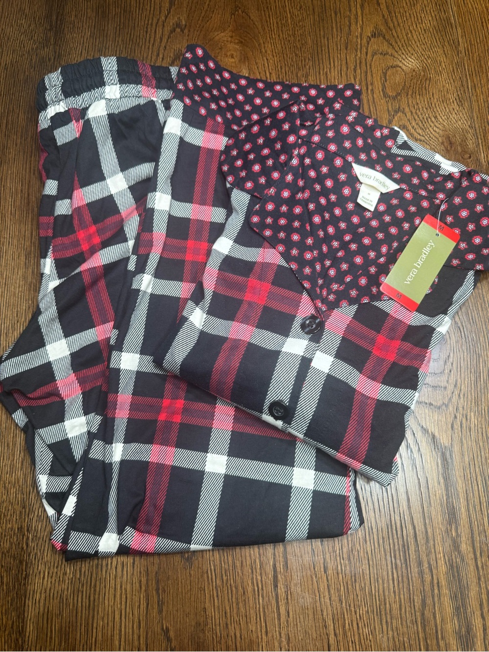 NWT Vera Bradley Black, Red & White Plaid and Floral Pajama Top and Pants